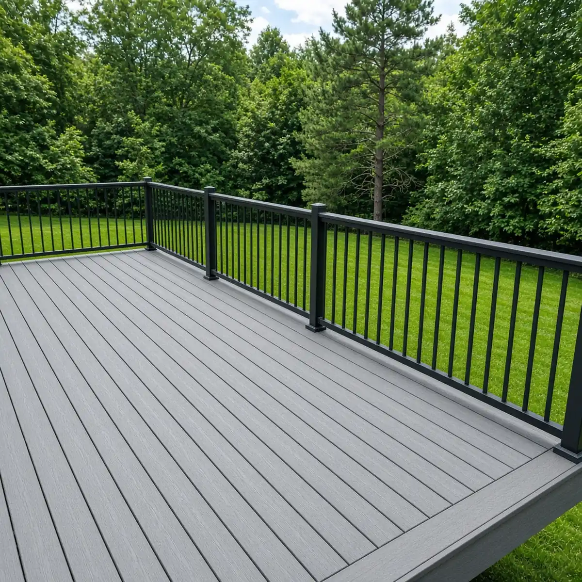 Finished gray composite deck surface with fascia and black railing