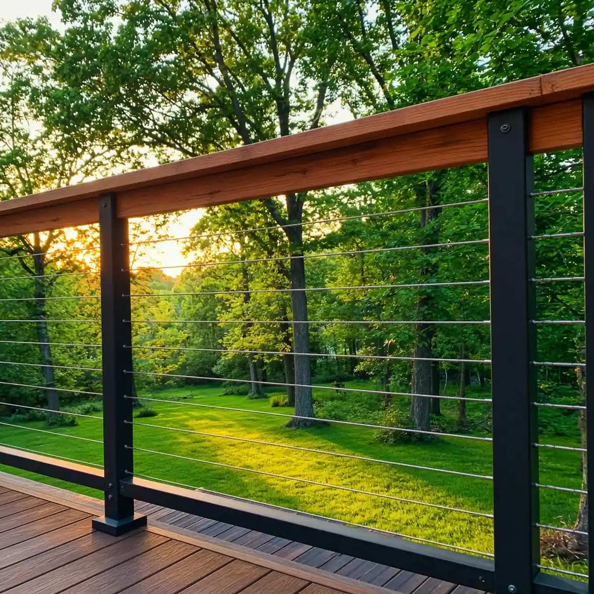Stainless cable railing on a Minnesota deck overlooking a yard