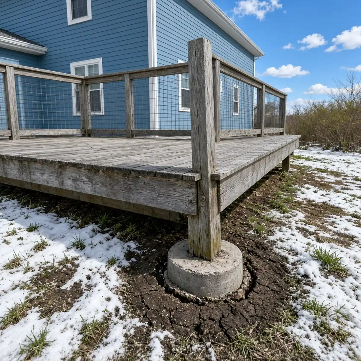 Deck post out of level over a heaved footing after a Minnesota winter