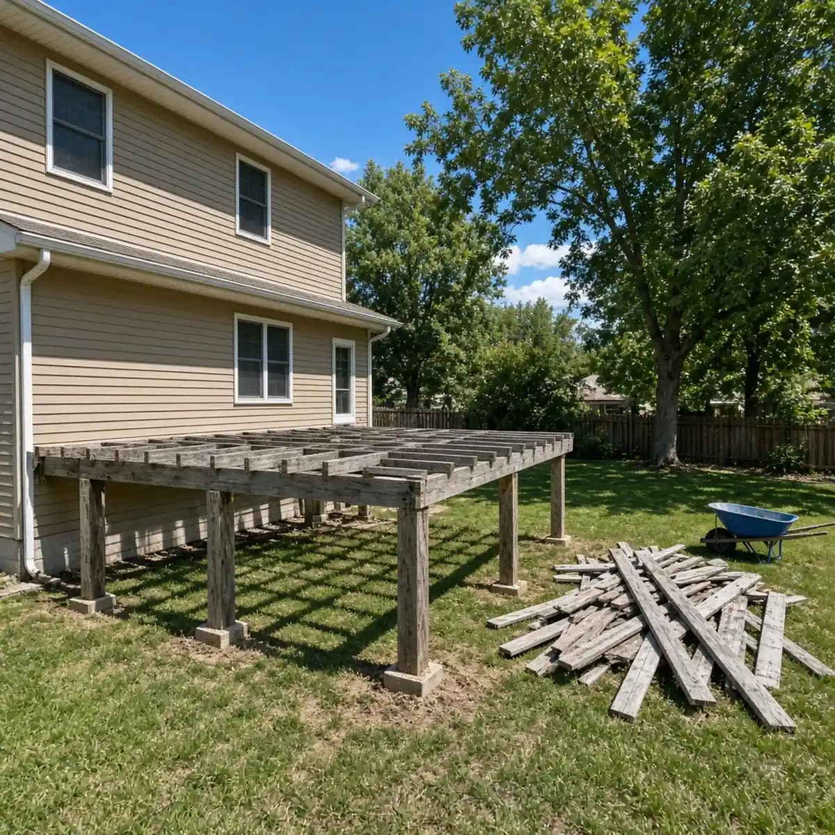 Old deck partly torn down to the frame during a replacement