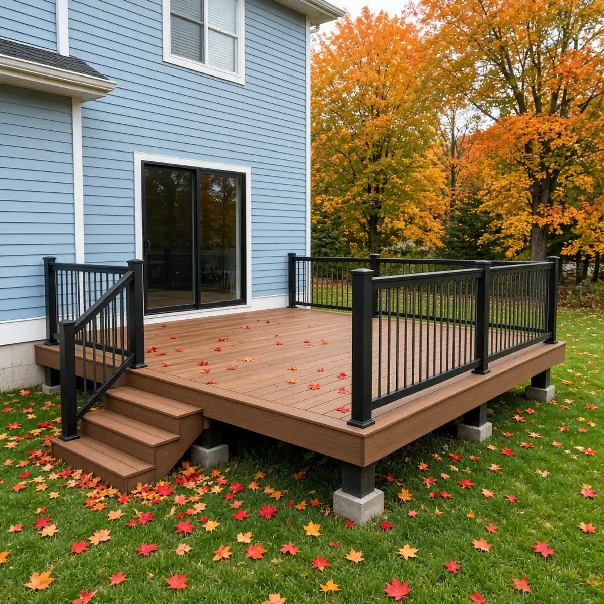 Finished composite deck on the back of a two-story Maple Grove home in early fall