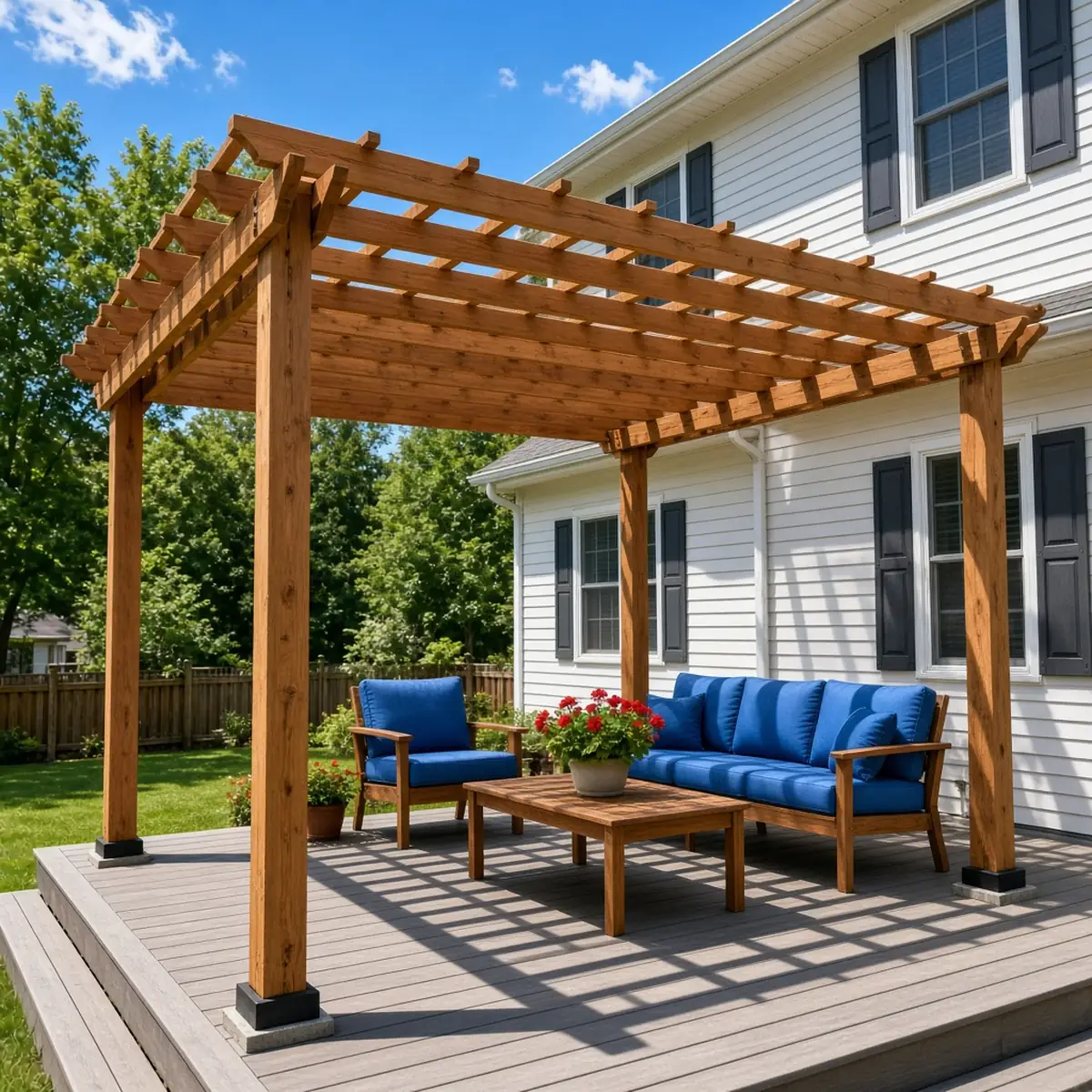 Open cedar pergola over a deck seating area on a Minnesota home