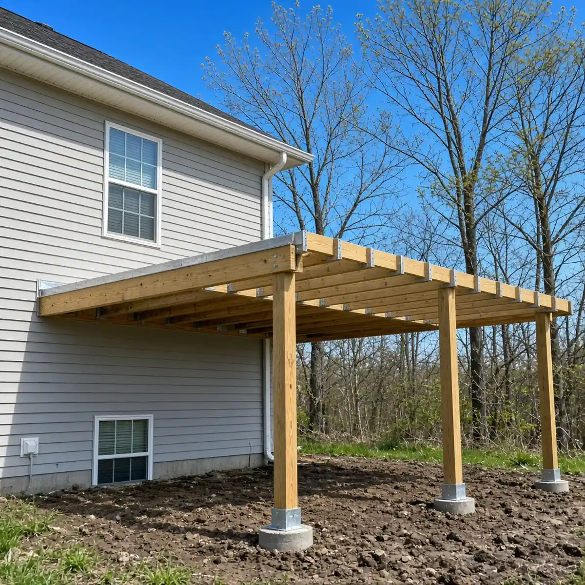 New deck framing under a clear spring Minnesota sky