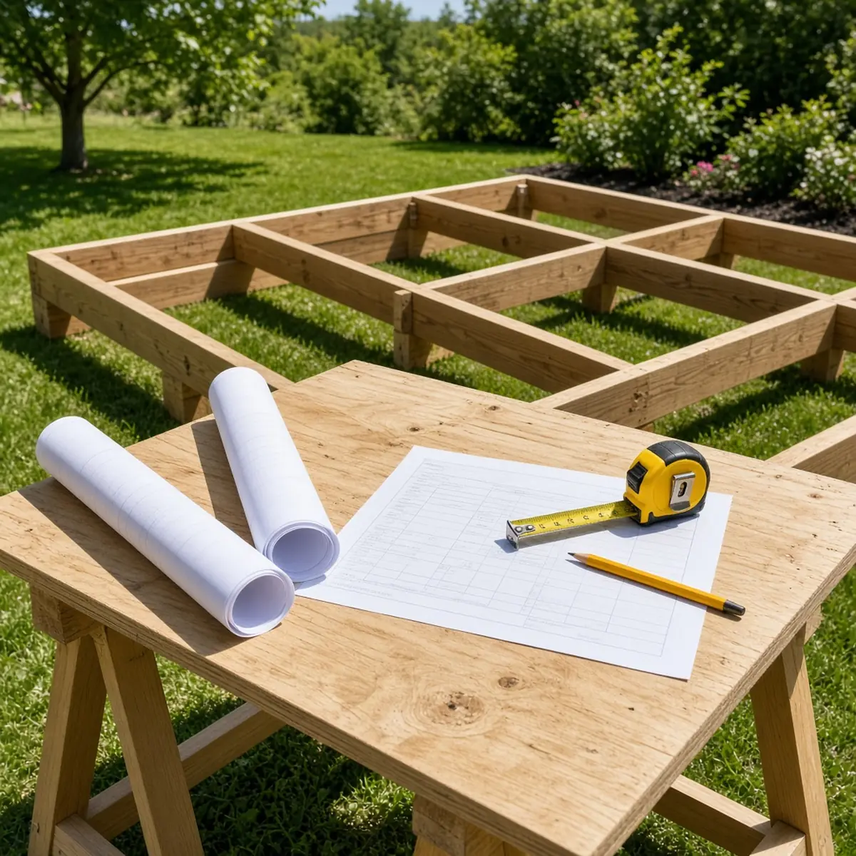 Deck plan drawings and a permit application on a job-site table