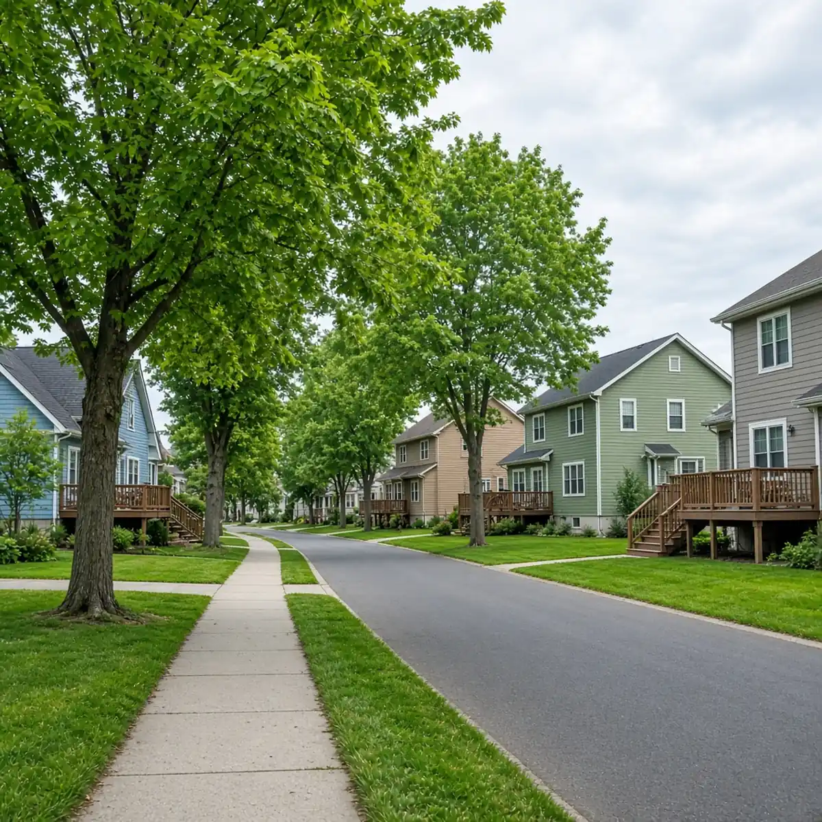 Suburban northwest-metro Minnesota street with decked two-story homes